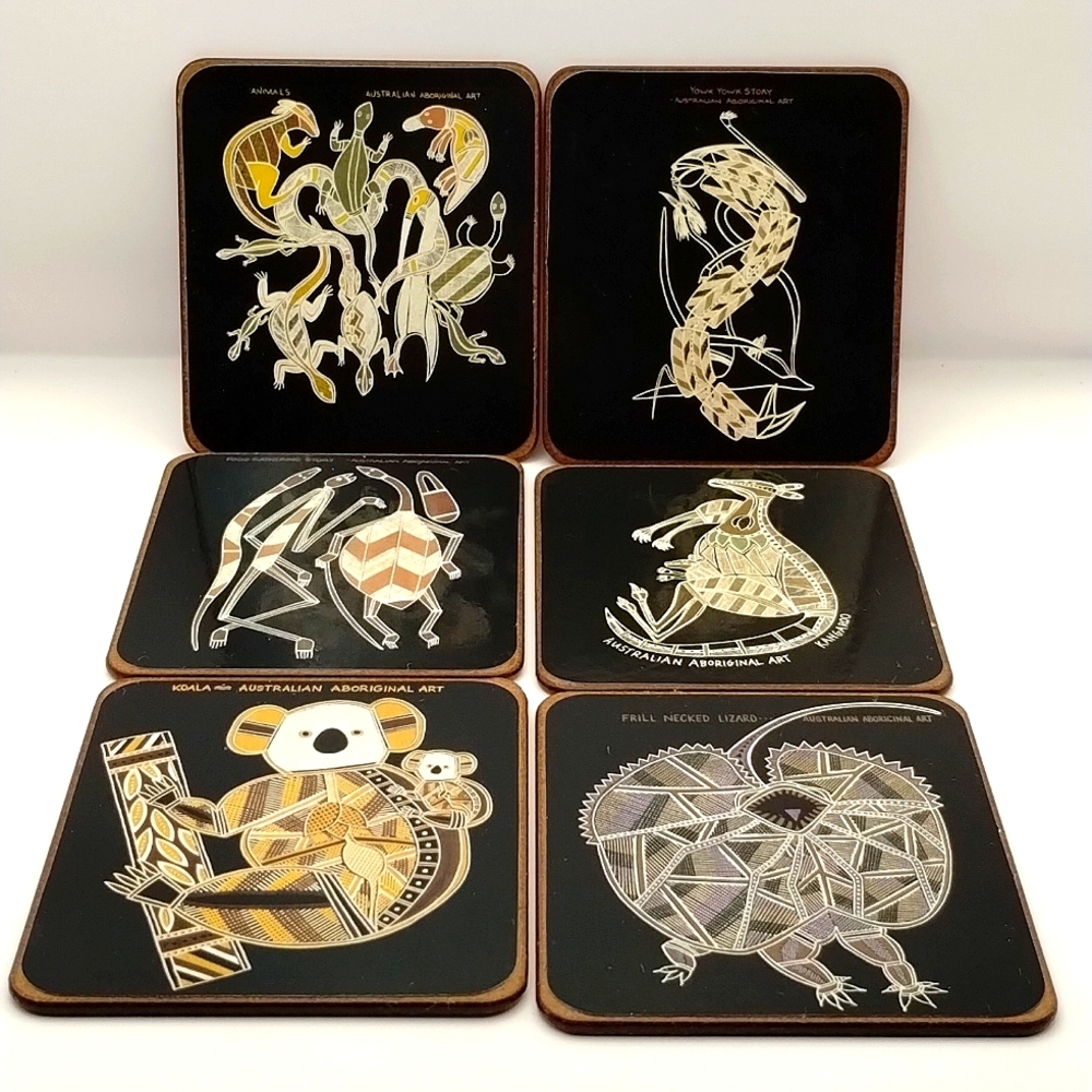 Australian Souvenir Aboriginal Art Coasters Set of 6 Cork Back